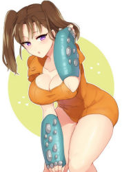 Rule 34 | 10s, 1girl, :o, adjusting hair, blush, bodysuit, breasts, brown hair, cleavage, collarbone, diane (nanatsu no taizai), elbow gloves, fingerless gloves, gloves, hand on own knee, heart, large breasts, leaning forward, leotard, lips, looking at viewer, nanatsu no taizai, outline, parted bangs, puffy short sleeves, puffy sleeves, purple eyes, short hair, short sleeves, short twintails, solo, suurin (ksyaro), taut clothes, thighs, twintails