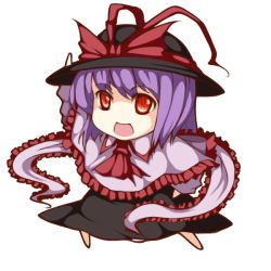 Rule 34 | 1girl, chibi, female focus, full body, hand on own hip, hat, nagae iku, noirly, purple hair, red eyes, saturday night fever, short hair, solo, standing, touhou, transparent background