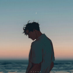 Rule 34 | 02png, 1boy, closed eyes, crescent moon, dc comics, dusk, highres, jason todd, messy hair, moon, ocean, parted lips, shirt, solo, white shirt