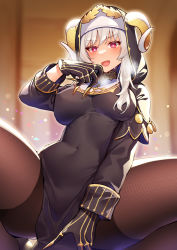 Rule 34 | 1girl, arm support, backlighting, black dress, black gloves, blush, breasts, covered navel, dress, gloves, habit, horns, kibanda gohan, large breasts, long sleeves, looking at viewer, nun, open mouth, original, pantyhose, red eyes, silver hair, solo, squatting, sweatdrop