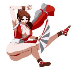 Rule 34 | 1girl, armpits, ass, breasts, brown hair, cleavage, countgate, fatal fury, hand fan, hip attack, large breasts, long hair, lowres, ninja, pixel art, shiranui mai, sleeveless, the king of fighters, thong