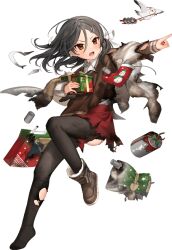 1girl bird black_hair box christmas coat depth_charge dress full_body gift gift_bag gift_box hair_between_eyes hat hoshiakari_(c2_kikan) inagi_(kancolle) inagi_kai_ni_(christmas_mode)_(kancolle) inagi_kai_ni_(kancolle) kantai_collection long_hair official_art open_mouth pointing red_skirt sack scarf seagull skirt sleigh solo torn_clothes torn_coat torn_dress torn_ribbon transparent_background