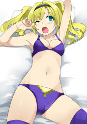 Rule 34 | 10s, 1girl, arms up, bed, blonde hair, blue eyes, blush, bra, breasts, cameltoe, cleavage, gradient background, granblue fantasy, long hair, lying, navel, on back, one eye closed, open mouth, panties, pillow, sawamura hikaru, small breasts, solo, tears, thighhighs, twintails, underwear, underwear only, yawning, zeta (granblue fantasy)