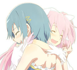 Rule 34 | 10s, 2girls, bad id, bad pixiv id, bare back, bare shoulders, blue hair, closed eyes, happy, hug, kaname madoka, long hair, mahou shoujo madoka magica, mahou shoujo madoka magica (anime), miki sayaka, multiple girls, open mouth, pink hair, pride chicken, short hair, smile, spoilers, twintails, two side up, ultimate madoka, upper body