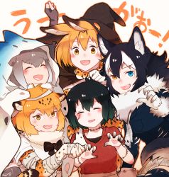 Rule 34 | 10s, 5girls, ^ ^, animal ears, black hair, blonde hair, blue eyes, blush, bow, bowtie, closed eyes, elbow gloves, closed eyes, fang, fingerless gloves, fur collar, fur trim, gloves, gradient hair, grey hair, grey wolf (kemono friends), halloween costume, hat, heterochromia, jaguar (kemono friends), jaguar ears, jaguar print, kaban (kemono friends), kemono friends, long hair, multicolored hair, multiple girls, mummy costume, necktie, open mouth, otter ears, outstretched arms, pantyhose, pleated skirt, serval (kemono friends), serval print, seto (harunadragon), shirt, short hair, skirt, small-clawed otter (kemono friends), smile, stitches, t-shirt, torn clothes, torn legwear, white hair, witch hat, wolf ears, yellow eyes, zombie pose