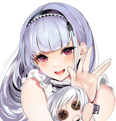 Rule 34 | 1girl, :d, absurdres, azur lane, bare shoulders, blunt bangs, blush, breasts, button eyes, buttons, center frills, character doll, collar, commentary request, dido (azur lane), doll, dress, earrings, face, frilled collar, frills, hairband, hand up, heart, heart earrings, highres, holding, holding doll, jewelry, large breasts, light purple hair, long hair, maid, marushin (denwa0214), open mouth, red eyes, salute, shirt, silver hair, sleeveless, sleeveless shirt, smile, vulcan salute
