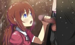 Rule 34 | blue eyes, blush, brown hair, censored, match uri no shoujo, open mouth, penis, ponytail, snow