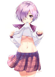 Rule 34 | 1girl, alternate costume, blush, breasts, clothes in mouth, clothes lift, cowboy shot, fate/grand order, fate (series), fingernails, groin, hair over one eye, hands up, highres, legs together, long sleeves, looking at viewer, mash kyrielight, medium breasts, medium skirt, mouth hold, navel, pink skirt, plaid, plaid skirt, purple eyes, purple hair, school uniform, serafuku, shirt in mouth, shirt lift, short hair, signature, simple background, skirt, smile, solo, standing, stomach, underboob, white background, zdl xiaobai