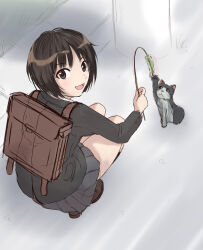 Rule 34 | 1girl, :d, amagami, backpack, bag, birthday, black cardigan, black skirt, bob cut, brown bag, brown eyes, brown footwear, brown hair, cardigan, cat, cat teaser, commentary, dress shirt, from above, from behind, full body, grass, grey cat, highres, holding, holding grass, kakki28469387, kibito high school uniform, loafers, long sleeves, looking at viewer, looking back, looking up, messy hair, open mouth, outdoors, playing, pleated skirt, road, school bag, school uniform, shirt, shoes, short hair, sidewalk, sketch, skirt, smile, solo, squatting, tachibana miya, utility pole, white cat, white shirt