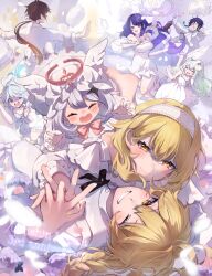 Rule 34 | 3boys, 5girls, aether (genshin impact), ahoge, alcohol, alternate costume, alternate hairstyle, antenna hair, arm up, arms up, back, bare arms, bare shoulders, barefoot, black hair, bloomers, blue background, blue eyes, blue hair, blurry, blurry background, blurry foreground, blush, border, bottle, bow, bowtie, braid, breasts, buttons, closed eyes, collarbone, commentary request, dark blue hair, depth of field, dress, drop-shaped pupils, drunk, earrings, english text, feathers, flying, frills, full body, furina (genshin impact), genshin impact, gradient background, gradient hair, grey hair, hair bow, hand up, hands up, happy, hetero, high-low skirt, highres, holding, holding bottle, holding pillow, jacket, jewelry, jumping, large breasts, leg up, long dress, long hair, long sleeves, looking at another, low-tied long hair, lumine (genshin impact), medium dress, mismatched pupils, multicolored background, multicolored hair, multiple boys, multiple girls, nahida (genshin impact), naruka (ynarukay), navel, no headwear, open mouth, orange hair, outside border, outstretched arms, paimon (genshin impact), pajamas, pale skin, pants, pillow, pillow fight, pointy ears, ponytail, puffy long sleeves, puffy short sleeves, puffy sleeves, purple background, purple eyes, purple hair, raiden shogun, running, scared, shaded face, shirt, short sleeves, shorts, sidelocks, simple background, single earring, sleepover, sleeveless, sleeveless dress, smile, standing, star (symbol), symbol-shaped pupils, tank top, tearing up, tongue, twin braids, two-tone hair, underwear, v-shaped eyebrows, venti (genshin impact), white bloomers, white border, white bow, white bowtie, white dress, white hair, white jacket, white pajamas, white pants, white shirt, white shorts, white tank top, wine, wine bottle, zhongli (genshin impact)