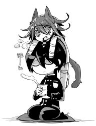 Rule 34 | 2boys, afterimage, animal ears, arm belt, belt, belt buckle, buckle, buttons, cat ears, cat tail, checkered clothes, checkered scarf, closed eyes, closed mouth, collared jacket, commentary request, cup, cushion, danganronpa (series), danganronpa v3: killing harmony, double-breasted, drink, expressionless, eyelashes, fang, full body, greyscale, hair between eyes, high collar, holding, holding drink, jacket, kemonomimi mode, long sleeves, looking at another, mako gai, male focus, monochrome, motion lines, multiple belts, multiple boys, oma kokichi, on head, open belt, open mouth, pants, person on head, pocket, puff of air, saihara shuichi, scarf, seiza, short hair, simple background, sitting, smile, steam, tail, thigh belt, thigh strap, waving arm, white background, yunomi, zabuton