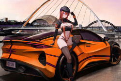 Rule 34 | 1girl, absurdres, alternate costume, azur lane, bridge, building, car, character name, cityscape, copyright name, england, gateshead millenium bridge, glasshouse international centre for music, hat, highres, kcar66t, license plate, long sleeves, looking at viewer, lotus (brand), lotus emira, monarch (azur lane), motor vehicle, newcastle (city), product placement, race queen, real world location, red hair, river, shrug (clothing), sitting on car, sports car, thighhighs, tyne bridge, united kingdom, vehicle focus
