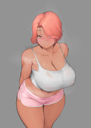 Rule 34 | 1girl, arms behind back, blush, breasts, cleavage, closed mouth, collarbone, dark-skinned female, dark skin, eyes visible through hair, fortune (last origin), grey background, hair over one eye, highres, huge breasts, last origin, looking at viewer, midriff, moebell, mole, mole on breast, navel, red eyes, red hair, short hair, short shorts, shorts, simple background, solo, standing, steaming body, tank top