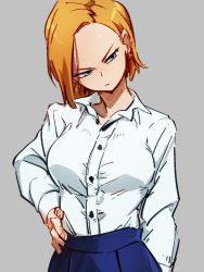 Rule 34 | 1girl, alternate costume, android 18, blonde hair, blue eyes, blue pants, closed mouth, collared shirt, dragon ball, dragonball z, grey background, hand on own hip, head tilt, high collar, kemachiku, long sleeves, mature female, pants, shirt, shirt tucked in, short hair, simple background, solo, white shirt