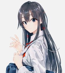 Rule 34 | 1girl, bag, blue eyes, closed mouth, collared shirt, commentary, commentary request, fingernails, from side, grey hair, hair between eyes, hair ornament, highres, holding, lips, long hair, long sleeves, looking at viewer, looking to the side, ponkan 8, red neckwear, shirt, sidelocks, simple background, smile, solo, symbol-only commentary, upper body, white background, white shirt, yahari ore no seishun lovecome wa machigatteiru., yukinoshita yukino