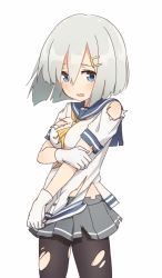 Rule 34 | 10s, 1girl, bad id, bad pixiv id, blue eyes, blush, coupon (skyth), embarrassed, gloves, grey hair, grey skirt, hair ornament, hairclip, hamakaze (kancolle), kantai collection, pantyhose, school uniform, serafuku, short hair, short sleeves, simple background, skirt, solo, torn clothes, torn pantyhose, white background, white gloves