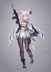 Rule 34 | 1girl, absurdres, animal ear fluff, animal ears, black pantyhose, breasts, cape, cleavage, foregrip, fox ears, gloves, green eyes, gun, highres, holding, holding gun, holding weapon, looking at viewer, mirufuaa, original, pantyhose, saiga-12, short hair, shotgun, silver hair, simple background, solo, weapon