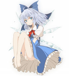 Rule 34 | 1girl, alternate hairstyle, bad id, bad pixiv id, barefoot, blue hair, bow, cirno, covering privates, covering crotch, embodiment of scarlet devil, female focus, fetal position, full body, legs, pale skin, plantar flexion, ribbon, short hair, solo, takaharu, touhou, v arms, wings