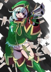 Rule 34 | 1girl, araga kiwi, black panties, boots, chromatic aberration, dated, fang, garter straps, gloves, grey hair, gun, handgun, hat, highres, holding, holding gun, holding weapon, ikaika0326, leoparde (mahou shoujo ni akogarete), long hair, mahou shoujo ni akogarete, military hat, military uniform, mole, mole under eye, open mouth, panties, pointing, pointing at viewer, purple eyes, simple background, smile, solo, underwear, uniform, weapon