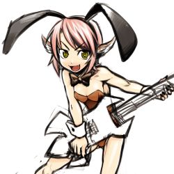 Rule 34 | 1girl, alternate costume, animal ears, bare legs, bare shoulders, bent over, cosplay, detached collar, fang, female focus, guitar, haruhara haruko, haruhara haruko (cosplay), instrument, kagehito, leotard, mystia lorelei, no wings, open mouth, pink hair, playboy bunny, rabbit ears, short hair, simple background, sketch, smile, solo, touhou, white background, wrist cuffs, yellow eyes