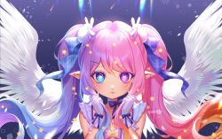 Rule 34 | alternate costume, angel wings, blonde hair, blue bow, blue eyes, blue hair, bow, brooch, chromatic aberration, commentary, demon horns, dress, emberlith, eyelashes, facing viewer, floating hair, gloves, gradient hair, gumae, hair between eyes, hair bow, hair ornament, hands up, heterochromia, holding, holding own hair, horns, indie virtual youtuber, jewelry, looking at viewer, magical girl, multicolored hair, neck ribbon, pink bow, pink hair, pointy ears, purple background, purple eyes, purple hair, rabbit hair ornament, ribbon, sidelocks, signature, sleeveless, sleeveless dress, star-shaped pupils, star (symbol), star brooch, star hair ornament, sticker on face, symbol-shaped pupils, twintails, upper body, virtual youtuber, white gloves, wings, wrist bow, wrist ribbon