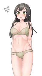 Rule 34 | 1girl, absurdres, alternate breast size, arms behind back, black hair, bra, breasts, brown bra, brown panties, cleavage, feet out of frame, green eyes, hair ornament, hairclip, highres, kantai collection, large breasts, long hair, maru (marg0613), one-hour drawing challenge, oyashio (kancolle), panties, simple background, solo, standing, underwear, underwear only, white background
