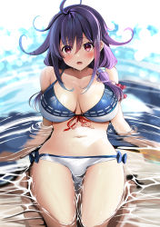 Rule 34 | 1girl, absurdres, ahoge, bare arms, bare legs, bare shoulders, bikini, blush, breasts, collarbone, hair between eyes, hair flaps, highres, kantai collection, large breasts, long hair, looking at viewer, low twintails, navel, official alternate costume, open mouth, partially submerged, purple hair, red eyes, solo, swimsuit, taigei (kancolle), twintails, white bikini, yunamaro