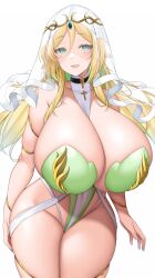Rule 34 | 1girl, absurdres, between breasts, blonde hair, breasts, choker, commission, cross, curvy, elf, gem, green eyes, hair between eyes, highres, huge breasts, jewelry, long hair, looking at viewer, open mouth, original, pointy ears, revealing clothes, simple background, skeb commission, solo, suruga (xsurugax), thick thighs, thighs, veil, white background