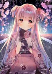 Rule 34 | 1girl, absurdres, blush, closed mouth, dated, flower, geshumaro, gloves, hands up, head tilt, highres, japanese clothes, kimono, long hair, looking at viewer, obi, original, own hands together, pink eyes, pink flower, pink hair, pink kimono, sash, signature, sitting, smile, solo, twintails, very long hair