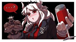 Rule 34 | ..., 1girl, ?, absurdres, alcohol, black background, black jacket, black necktie, blush, border, breasts, collared shirt, crossed arms, crown, cup, demon girl, demon horns, drinking glass, gloves, glowing, glowing eyes, hands up, helltaker, highres, holding, holding cup, horns, jacket, large breasts, lemontansan, long hair, long sleeves, lucifer (helltaker), mole, mole under eye, necktie, red eyes, red shirt, shirt, skeleton (helltaker), solo focus, tie clip, white border, white gloves, wine, wine glass