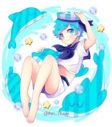 Rule 34 | 1boy, :3, barefoot, blue eyes, blue hair, blush, bubble, cookie run, dolphin, feet, full body, hat, looking at viewer, male focus, midriff, peppermint cookie, sailor, sailor collar, sailor hat, shorts, solo, star (symbol), twitter username, yoyochaan