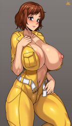 Rule 34 | 1girl, absurdres, april o&#039;neil, areola slip, artist name, belt, blush, breasts, brown hair, cleavage, cleft of venus, closed mouth, collarbone, collared jumpsuit, cowboy shot, feet out of frame, female focus, grey background, groin, highres, huge breasts, jmg, jumpsuit, lips, looking at viewer, navel, nipple slip, nipples, no bra, open clothes, open jumpsuit, short hair, simple background, smile, solo, standing, teenage mutant ninja turtles, thick thighs, thighs, unbuckled, veins, veiny breasts, white belt, yellow jumpsuit
