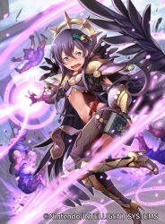 Rule 34 | 1girl, armor, black gloves, black wings, blush, book, company name, copyright name, feathered wings, fingerless gloves, fire emblem, fire emblem cipher, gloves, high heels, holding, holding book, i-la, nintendo, official art, open mouth, purple eyes, purple hair, solo focus, wings, yuzu (fire emblem)