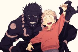 Rule 34 | 2boys, aged down, black skin, body markings, colored skin, evil grin, evil smile, grin, highres, holding another&#039;s wrist, hood, hoodie, itadori yuuji, jacket, jujutsu kaisen, long sleeves, male focus, multiple boys, open mouth, pink hair, red hoodie, red jacket, ryoumen sukuna (jujutsu kaisen), ryoumen sukuna (true form) (jujutsu kaisen), shiso i4, simple background, smile, squatting, topless male, white background, yellow eyes