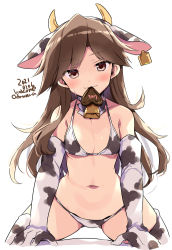 Rule 34 | 1girl, animal ears, animal print, arashio (kancolle), bell, bikini, blush, breasts, brown eyes, brown hair, closed mouth, cow ears, cow horns, cow print, cowbell, dated, elbow gloves, food, gloves, hair between eyes, horns, kantai collection, long hair, mouth hold, navel, odawara hakone, one-hour drawing challenge, simple background, small breasts, solo, swimsuit, thighhighs, twitter username, white background, white bikini, white gloves, white thighhighs
