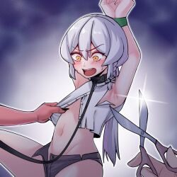 Rule 34 | 1boy, 2others, 7a (se7ena), armpits, arms up, black nails, blush, bound, bound wrists, bow, braid, grey hair, hair between eyes, hair bow, holding, holding scissors, long hair, male focus, micro shorts, multiple others, navel, open fly, open mouth, orange eyes, scissors, shirt grab, shorts, solo focus, striped, striped bow, sweatdrop, tongkkangi, tongkkangi (streamer), trap, unbuttoned, unbuttoned shirt, virtual youtuber