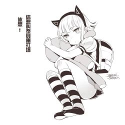 Rule 34 | 1girl, animal ears, annie (league of legends), ass, backpack, bag, cat ears, closed mouth, ejami, fake animal ears, greyscale, league of legends, legs, looking at viewer, monochrome, short hair, simple background, skirt, solo, stuffed animal, stuffed toy, teddy bear, white background