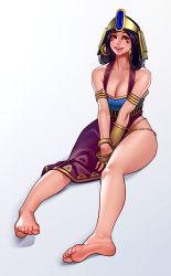 Rule 34 | 1girl, armlet, asymmetrical clothes, barefoot, black hair, bracelet, bracer, breasts, brown eyes, cleavage, derivative work, dress, egyptian, feet, folded hair, forehead jewel, headdress, highres, hip focus, jewelry, kairunoburogu, large breasts, lips, long hair, purple dress, sitting, smile, soles, solo, thighs, toes, v arms, white background