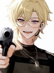 Rule 34 | 1boy, :d, aiming, aiming at viewer, artist name, aventurine (honkai: star rail), black shirt, blonde hair, blue eyes, blurry, blurry foreground, c for cola, commentary, crossed bangs, dog tags, earpiece, gun, hair between eyes, handgun, highres, holding, holding gun, holding weapon, honkai: star rail, honkai (series), jewelry, looking at viewer, male focus, multicolored eyes, neck tattoo, necklace, official alternate costume, open mouth, parted bangs, purple eyes, safety glasses, shirt, short hair, signature, simple background, smile, solo, symbol-only commentary, tattoo, teeth, tongue, tongue out, upper body, weapon, white background
