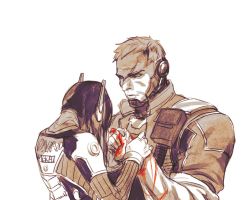 Rule 34 | 1boy, 1girl, acronym, armor, bad id, bad twitter id, blood, blood on hands, bodysuit, bracer, character name, commentary, d.va (overwatch), from behind, gloves, headphones, hetero, holding hands, jacket, long hair, long sleeves, monochrome, overwatch, overwatch 1, pauldrons, pilot suit, ribbed bodysuit, scar, scar across eye, scar on face, short hair, short sleeves, shoulder armor, shoulder pads, simple background, sleeves rolled up, soldier: 76 (overwatch), spot color, turtleneck, white background