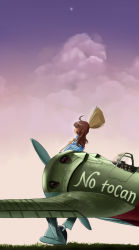 Rule 34 | 1girl, aircraft, airplane, broom, brown hair, cloud, commentary request, inui (jt1116), long hair, military, original, outdoors, polikarpov i-16, sky, solo, spain, spanish civil war, star (symbol), translated, vehicle focus