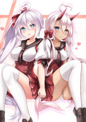 Rule 34 | 2girls, ahoge, azur lane, black footwear, blue eyes, blush, breasts, cleavage, closed mouth, collarbone, dark-skinned female, dark skin, dress, heart, heart-shaped pupils, heart ahoge, heterochromia, highres, holding hands, horns, indianapolis (at school with my sister...) (azur lane), indianapolis (azur lane), large breasts, loafers, long hair, looking at viewer, medium breasts, multiple girls, necktie, open mouth, panties, pinafore dress, pink hair, pleated dress, portland (at school with indy!) (azur lane), portland (azur lane), red dress, ryara, sailor collar, shirt, shoes, side ponytail, sidelocks, sitting, skirt, sleeveless dress, smile, symbol-shaped pupils, thighhighs, tongue, tongue out, twintails, underwear, very long hair, white legwear, white panties, white shirt, yellow eyes
