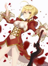 Rule 34 | 10s, 1girl, ahoge, blonde hair, braid, braided bun, breasts, cleavage, dress, fate/extra, fate (series), green eyes, hair between eyes, hair bun, hair ribbon, hand on hilt, medium breasts, nero claudius (fate), nero claudius (fate) (all), nero claudius (fate/extra), petals, red ribbon, ribbon, see-through, shrug (clothing), shrugging, sideboob, sidelocks, smile, solo, sword, weapon, white background, you06