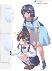 Rule 34 | 2girls, ahoge, aitsugawa rui, blue bow, blue bowtie, blue dress, blue eyes, blue footwear, blue skirt, blush, boots, bow, bowtie, breasts, brown eyes, brown footwear, cleavage, cleavage cutout, closed mouth, clothing cutout, commentary request, demon girl, demon horns, dress, full body, gashapon, grey horns, hair ribbon, highres, horns, loafers, long hair, medium bangs, multicolored hair, multiple girls, nanashi inc., off-shoulder dress, off shoulder, oinomori may, oinomori may (2nd costume), one side up, open mouth, pink hair, pink ribbon, pointy ears, ribbon, shimamura charlotte, shirt, shoes, sidelocks, simple background, skirt, small breasts, socks, squatting, standing, suspender skirt, suspenders, tan, translation request, two-tone hair, virtual youtuber, white background, white shirt, white socks
