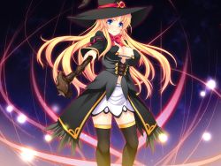 Rule 34 | 1girl, black legwear, blonde hair, blue eyes, blush, breasts, cleavage, female focus, game cg, hat, isse, large breasts, legs, looking at viewer, magic, navel, rod, serious, simple background, skirt, solo, standing, thighs, tsukikage ars magika: fukagyaku shin&#039;iki no shoujo-tachi, witch hat