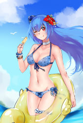 Rule 34 | 1girl, ;p, alternate costume, animal, bikini, bird, blue bikini, blue hair, blue hat, blue sky, blush, breasts, choker, cleavage, closed mouth, cloud, day, flower, food, front-tie top, hair flower, hair ornament, hat, highres, innertube, lifebuoy, long hair, looking at viewer, medium breasts, mini hat, nail polish, navel, one eye closed, outdoors, polka dot, polka dot swimsuit, popsicle, quincy (warship girls r), r.r (yohanee), red eyes, scrunchie, seagull, side-tie bikini bottom, sky, swim ring, swimsuit, thigh strap, tongue, tongue out, warship girls r, water, wrist scrunchie, wristband