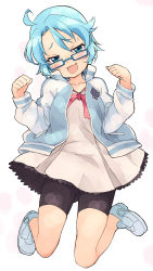 Rule 34 | 1girl, :3, :d, absurdres, ahoge, aoi (houkago no pleiades), bike shorts, black shorts, blue-framed eyewear, blue eyes, blue footwear, blue hair, blue jacket, blush, collarbone, dress, glasses, gluteal fold, grey dress, hands up, head tilt, highres, houkago no pleiades, jacket, letterman jacket, no socks, nyama, open clothes, open jacket, open mouth, paw pose, pleated dress, sailor dress, school uniform, shoes, short hair, short shorts, shorts, shorts under dress, shorts under skirt, smile, sneakers, solo, sweat