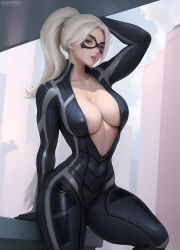 Rule 34 | 1girl, areola slip, artist name, ass, black cat (marvel), bodysuit, breasts, cleavage, domino mask, felicia hardy, female focus, flowerxl, large breasts, looking at viewer, marvel, mask, pervert, ponytail, solo, thick thighs, thighs, white hair