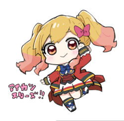 Rule 34 | 1girl, :&gt;, aikatsu! (series), aikatsu stars!, black socks, blonde hair, blue bow, blush, boots, bow, chibi, commentary request, cross-laced footwear, full body, hair bow, hand up, jacket, kneehighs, lace-up boots, looking at viewer, multicolored hair, nijino yume, nozo (hitomiz), open clothes, open jacket, pink bow, pink eyes, pleated skirt, red eyes, red jacket, shirt, simple background, skirt, socks, solo, translation request, twintails, two-tone hair, white background, white footwear, white shirt, white skirt