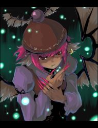 Rule 34 | 1girl, animal ears, claws, earrings, female focus, fingernails, glowing, hat, jewelry, letterboxed, long fingernails, long sleeves, musical note, mystia lorelei, nail, open mouth, oso (toolate), pink eyes, pink hair, short hair, solo, touhou, wings